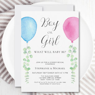 Invitation Révélation du sexe du bébé Ballons Aquarelle Eucal