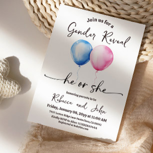 Invitation Révélation du sexe du bébé par ballon en aquarelle