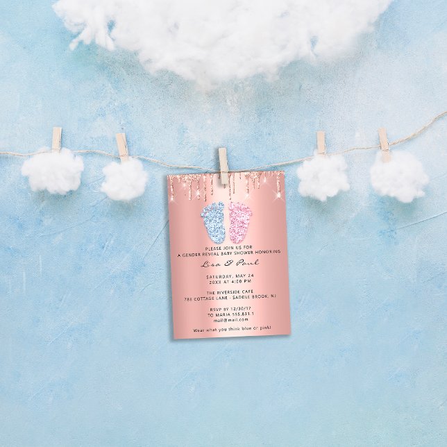 Invitation Révélation du sexe Pieds Paillettes Rose Bleu Gout (Gender Reveal Feet Glitter Pink Blue Drip Boy Girl Invitation)
