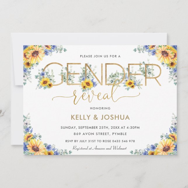 Invitation Révélation Rustique Chic Sunflower Blue Floral Gen (Devant)
