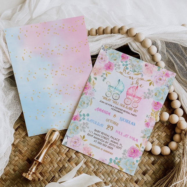 Invitation Révéler le genre Baby shower poutres bleu rose (Créateur téléchargé)