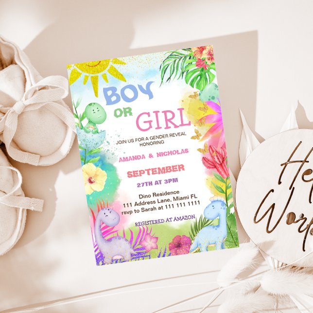 Invitation Révéler le genre Dino Parties scintillant florale (Créateur téléchargé)