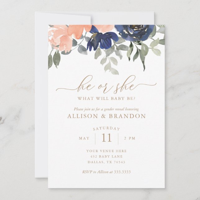 Invitation Révéler le genre Florales rose et bleu Lui ou elle (Devant)