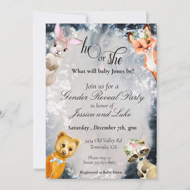 Invitation Révéler le genre Hiver Bois Animaux Fêtes (Devant)