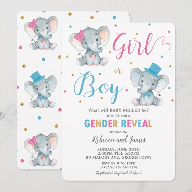 Invitation Révéler l'éléphant Garçon ou petite fille (Devant / Derrière)