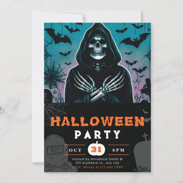 Invitation Revêtement vert et noir Gris Skeleton Halloween (Devant)