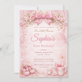 Invitation Rêveur et paillettes floral rose ruban 1er anniver