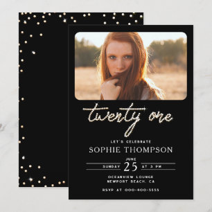 Invitation Rhinestone Blanc Noir Élégant 21ème Anniversaire P