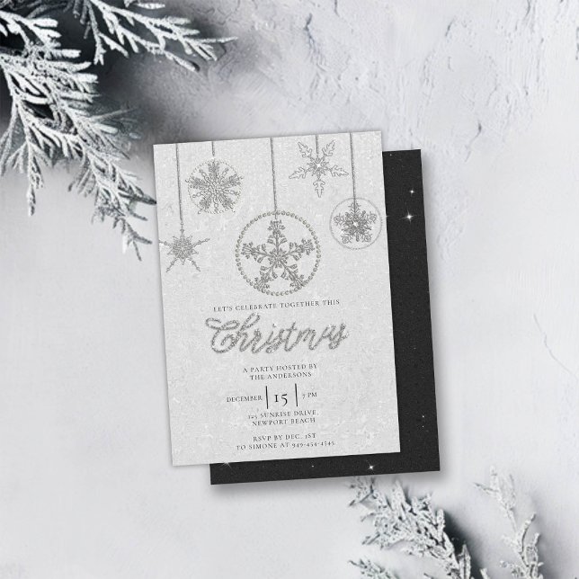 Invitation Rhinestones Parties scintillant Élégante Hiver Bli (rhinestones glitter christmas party invitation baubles snowflakes formal black white elegant family)