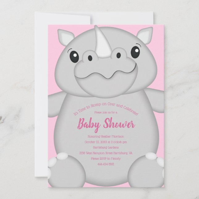 Invitation Rhino Baby shower Safari Rose fille (Devant)