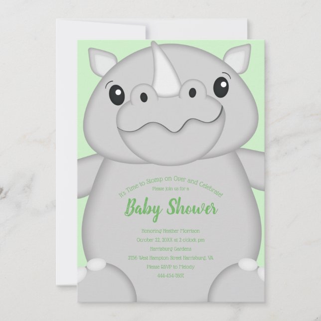 Invitation Rhino Baby shower vert (Devant)