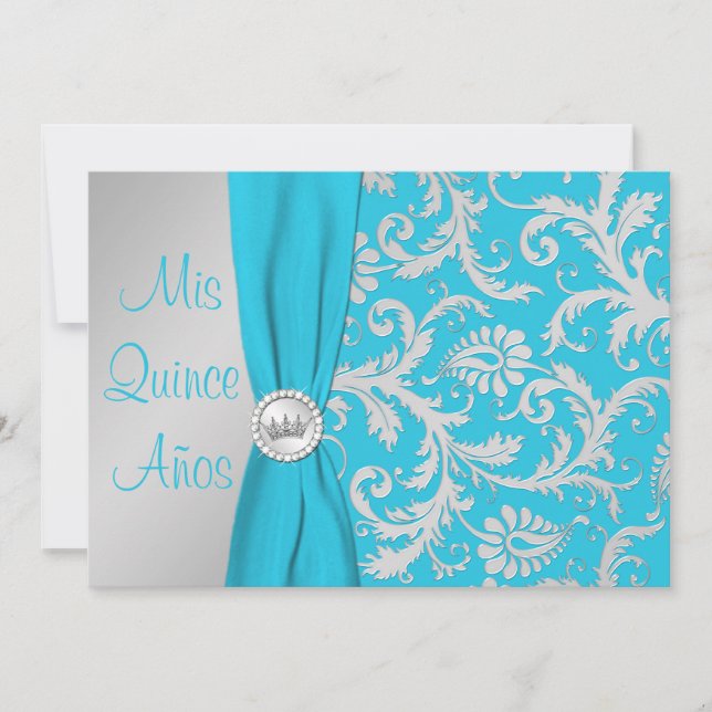 Invitation RIBBON Aqua, photo d'argent Quinceanera (Devant)