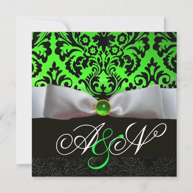 INVITATION RIBBON BLANC EMERALD VERT BLACK DAMASK MONOGRAM (Devant)