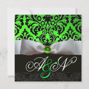 INVITATION RIBBON BLANC EMERALD VERT BLACK DAMASK MONOGRAM