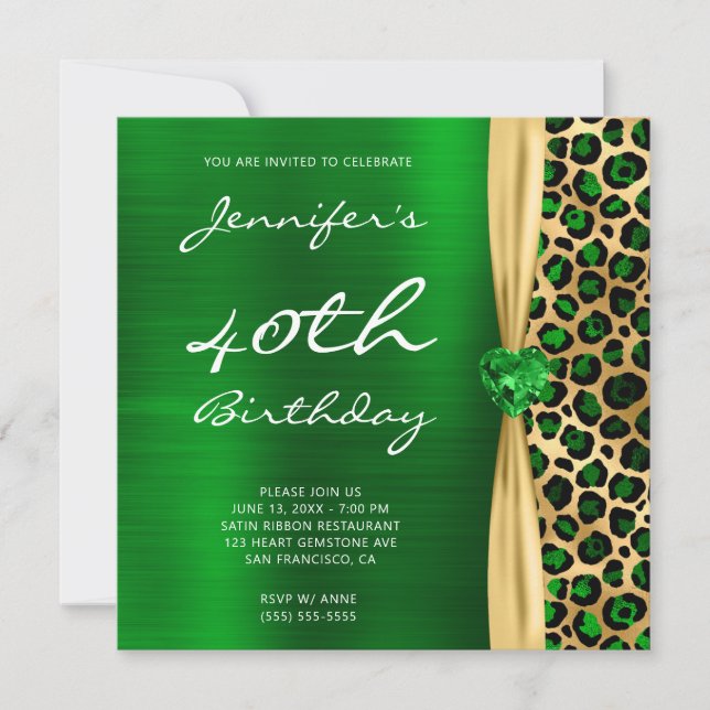 Invitation Ribbon Emerald Gold Leopard Foil Gem 40e anniversa (Devant)