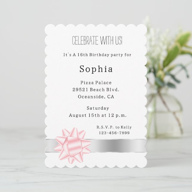 Invitation Ribbon en argent glam rose pâle Anniversaire (Debout devant)