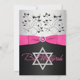 Invitation RIBBON IMPRIMÉ Noir, argenté, floral rose