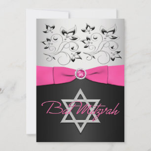 Invitation RIBBON IMPRIMÉ Noir, argenté, floral rose