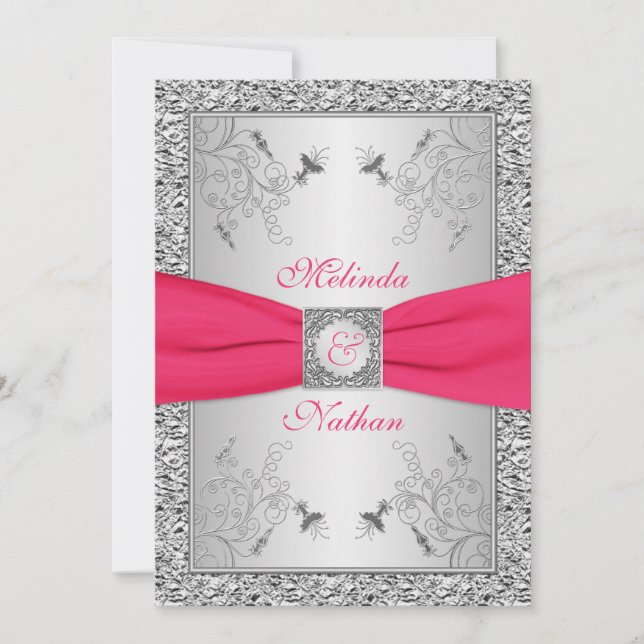 Invitation RIBBON IMPRIMÉ Pink Hot, mariage argenté Invitatio (Devant)