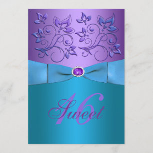 Invitation RIBBON IMPRIMÉ Sucré Floral pourpre et turquoise 1
