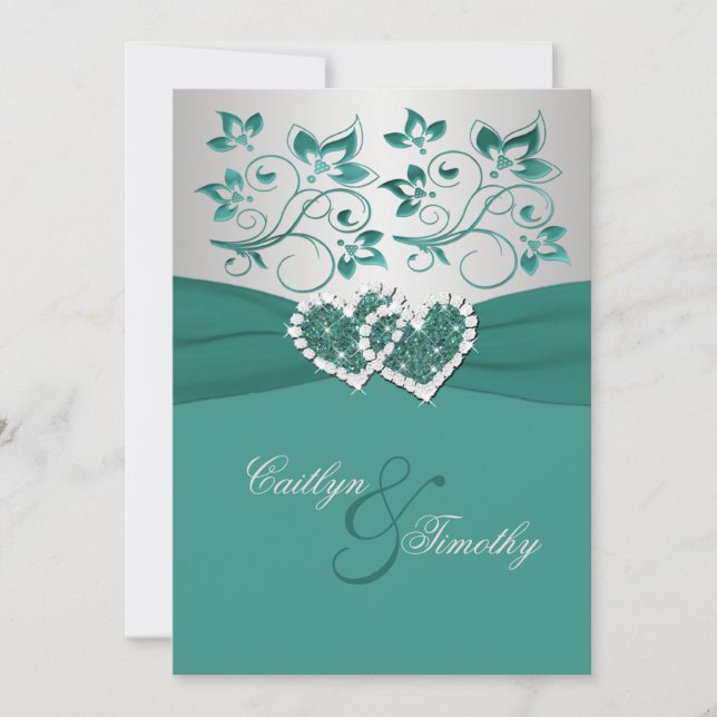 Invitation RIBBON IMPRIMÉ Turquoise Argent Rejoint Coeurs Inv (Devant)