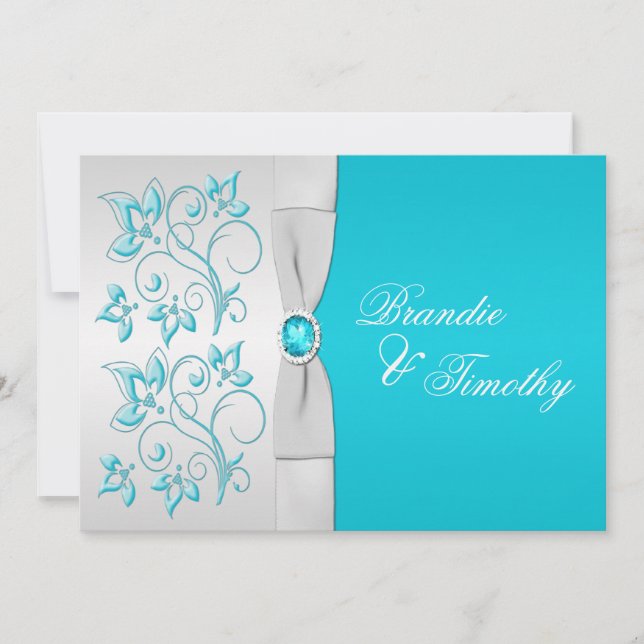 Invitation RIBBON IMPRIMÉ Turquoise, Mariage Floral Argent (Devant)