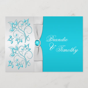 Invitation RIBBON IMPRIMÉ Turquoise, Mariage Floral Argent