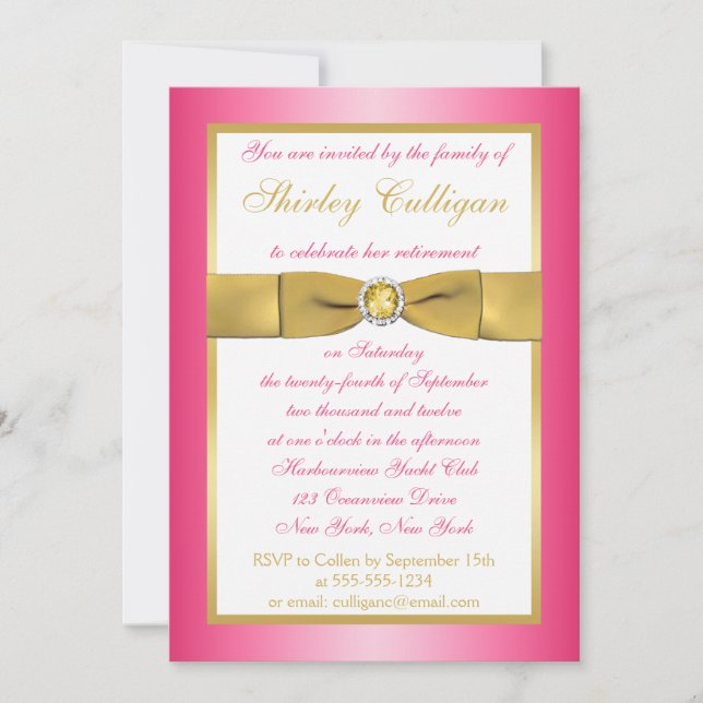Invitation RIBBON Pink, Gold, White Retirement (Devant)