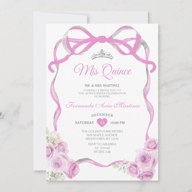 Invitation Ribbon rose floral doux fille en argent Mis Quince (Devant)