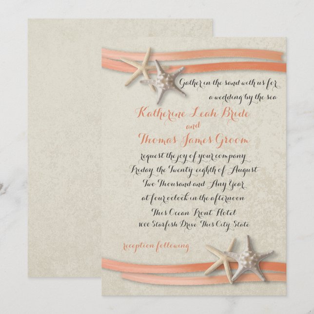 Invitation Ribbon Starfish et Beach Coral (Devant / Derrière)