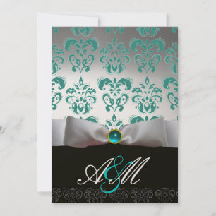 Invitation RIBON BLANC BLEU & NOIR DAMASK MONOGRAM Or
