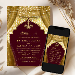 Invitation Rideau de lustre doré bordeaux mariage musulman