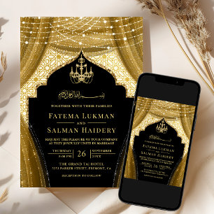Invitation Rideau de lustre en or Mariage musulman noir