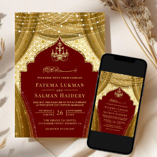 Invitation Rideau de lustre en or Mariage musulman rouge