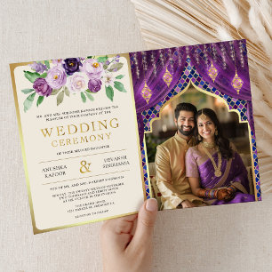 Invitation Rideau floral doré violet Mariage indien hindou
