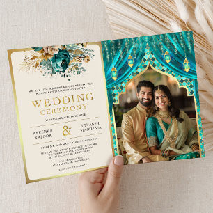 Invitation Rideau floral sarcelle or indien mariage hindou