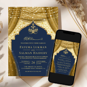 Invitation Rideau lustre doré bleu marine mariage musulman