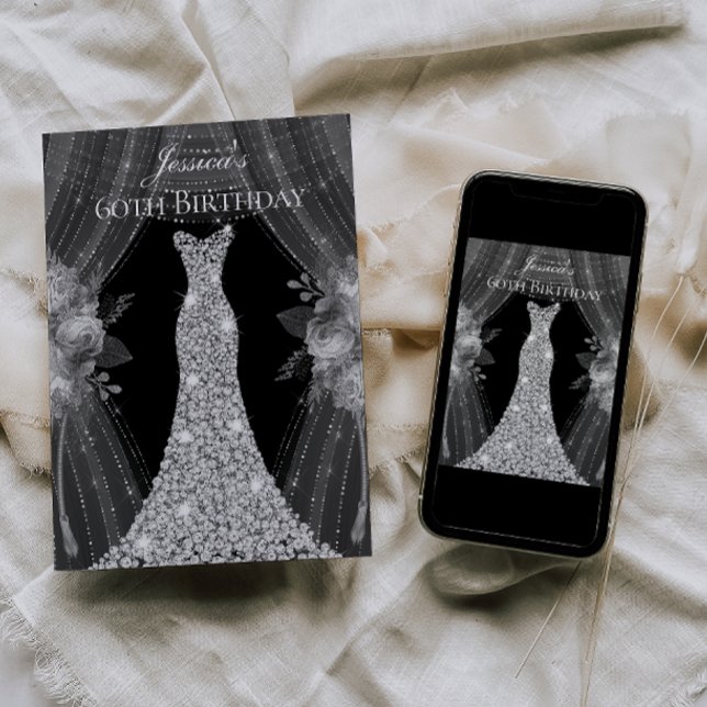 Invitation Rideaux d'argent Robe femmes 60e fête d'anniversai (Créateur téléchargé)