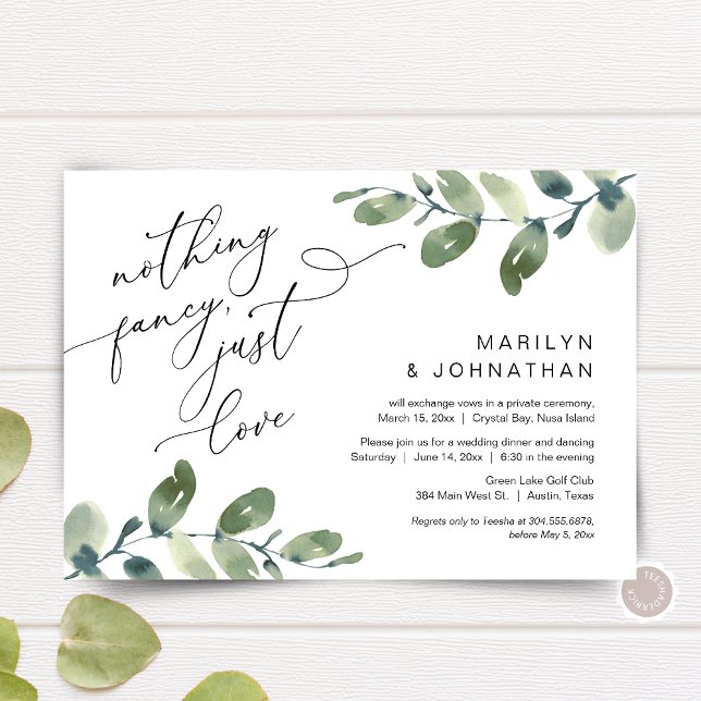 Invitation Rien De Chic, Juste Aimer Elopement Dîner Verdure (Nothing Fancy, Just Love, post Wedding Elopement Dinner Invitation, in Eucalyptus Greenery themed)