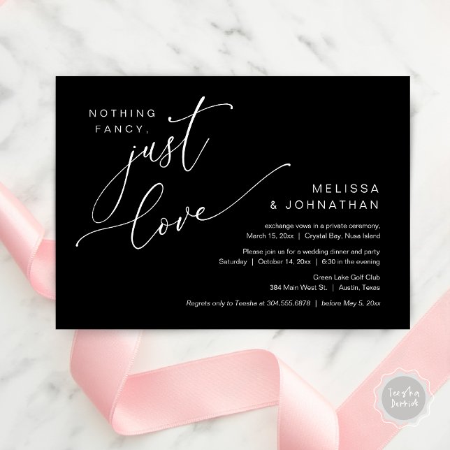 Invitation Rien De Chic, Juste Amour, Dîner Mariage Elopement (Nothing Fancy, Just Love, Wedding Elopement Dinner Invitation Card, PDF, in Classy Black)