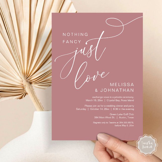 Invitation Rien De Chic, Juste Amour, Dîner Romantique Mariag (Nothing Fancy, Just Love, Romantic Wedding Elopement Dinner Invitation Card, PDF, Dusty Rose Pink)