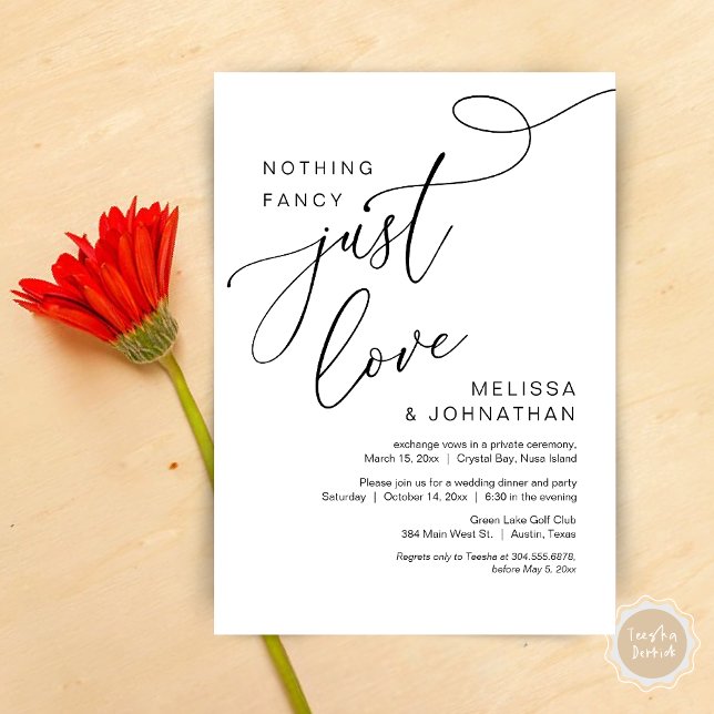 Invitation Rien De Chic, Juste Amour, Dîner Romantique Mariag (Nothing Fancy, Just Love, Romantic Wedding Elopement Dinner Invitation Card, PDF, in Black and White)