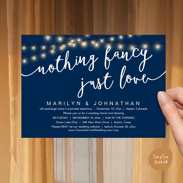Invitation Rien De Chic, Juste Amour, Dîner Rustique Mariage (Nothing Fancy, Just Love, Rustic Cottage String Lights, Wedding Dinner Invites Card, PDF, Navy Blue)