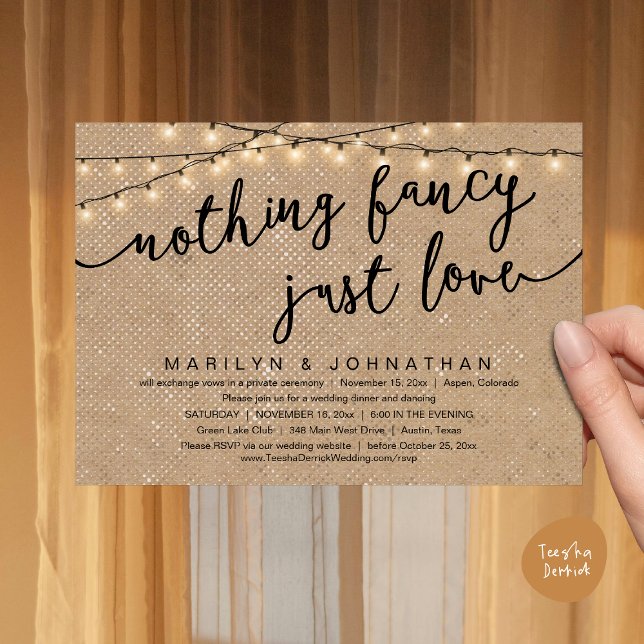 Invitation Rien De Chic, Juste Amour, Dîner Rustique Mariage (Nothing Fancy, Just Love, Rustic Cottage String Lights, Wedding Dinner Invites Card, PDF Brown Kraft)
