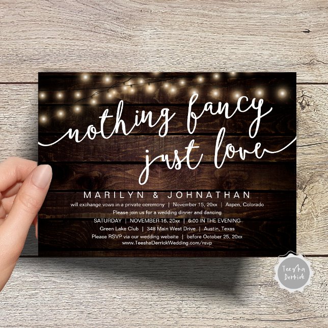 Invitation Rien De Chic, Juste Amour, Dîner Rustique Mariage (Nothing Fancy, Just Love, Rustic Cottage String Lights, Wedding Dinner Invites Card, PDF, Brown Wood)