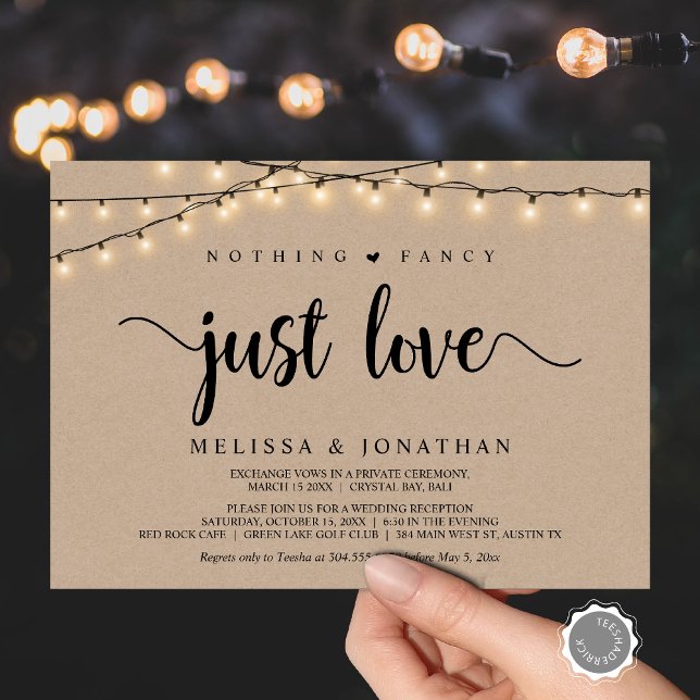 Invitation Rien De Chic, Juste Amour, Éclairage À Cordes (Nothing Fancy, Just Love, Wedding Elopement Invitation Card, String Lights Brown Kraft, Downloadable)