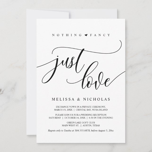 Invitation Rien De Chic, Juste Amour, Noir, Mariage Elopement (Devant)