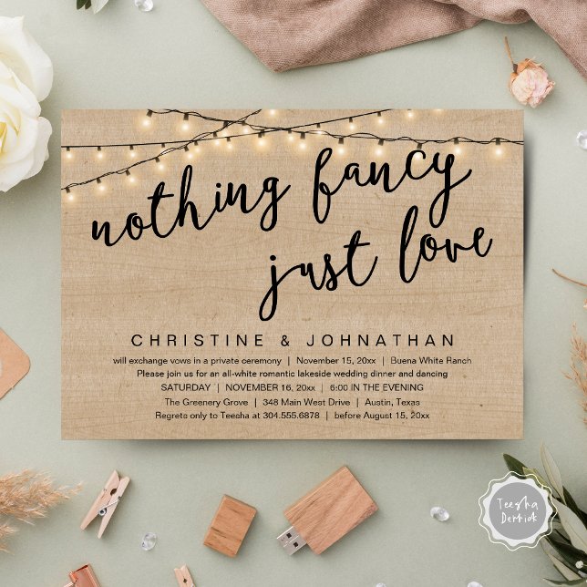 Invitation Rien De Chic, Juste Amour Rustique Dîner Mariage (Nothing Fancy, Just Love Rustic Wedding Dinner Invitation Card PDF String Lights Brown Wood)