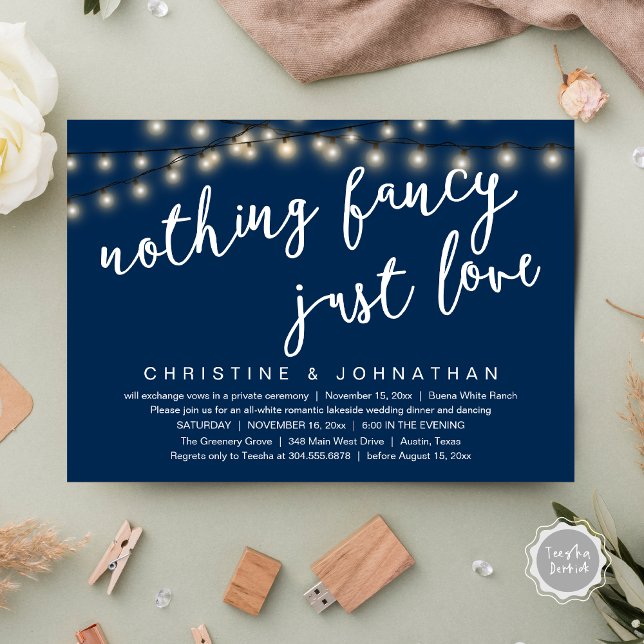 Invitation Rien De Chic, Juste Amour Rustique Dîner Mariage (Nothing Fancy, Just Love Rustic Wedding Dinner Invitation Card PDF String Lights Navy Blue)