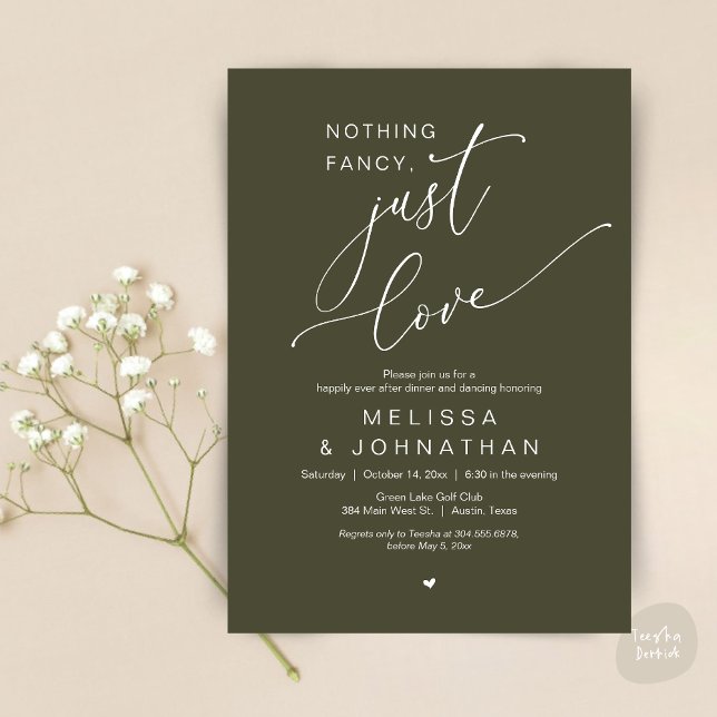 Invitation Rien De Chic, Juste De L'Amour, Dîner Mariage Dans (Nothing Fancy, Just Love, Romantic Wedding Dinner Dancing Invitation Card, PDF, in Olive Green)